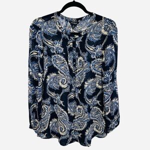 Lucky Brand blue white sheer paisley popover blouse pin tuck chest and buttons